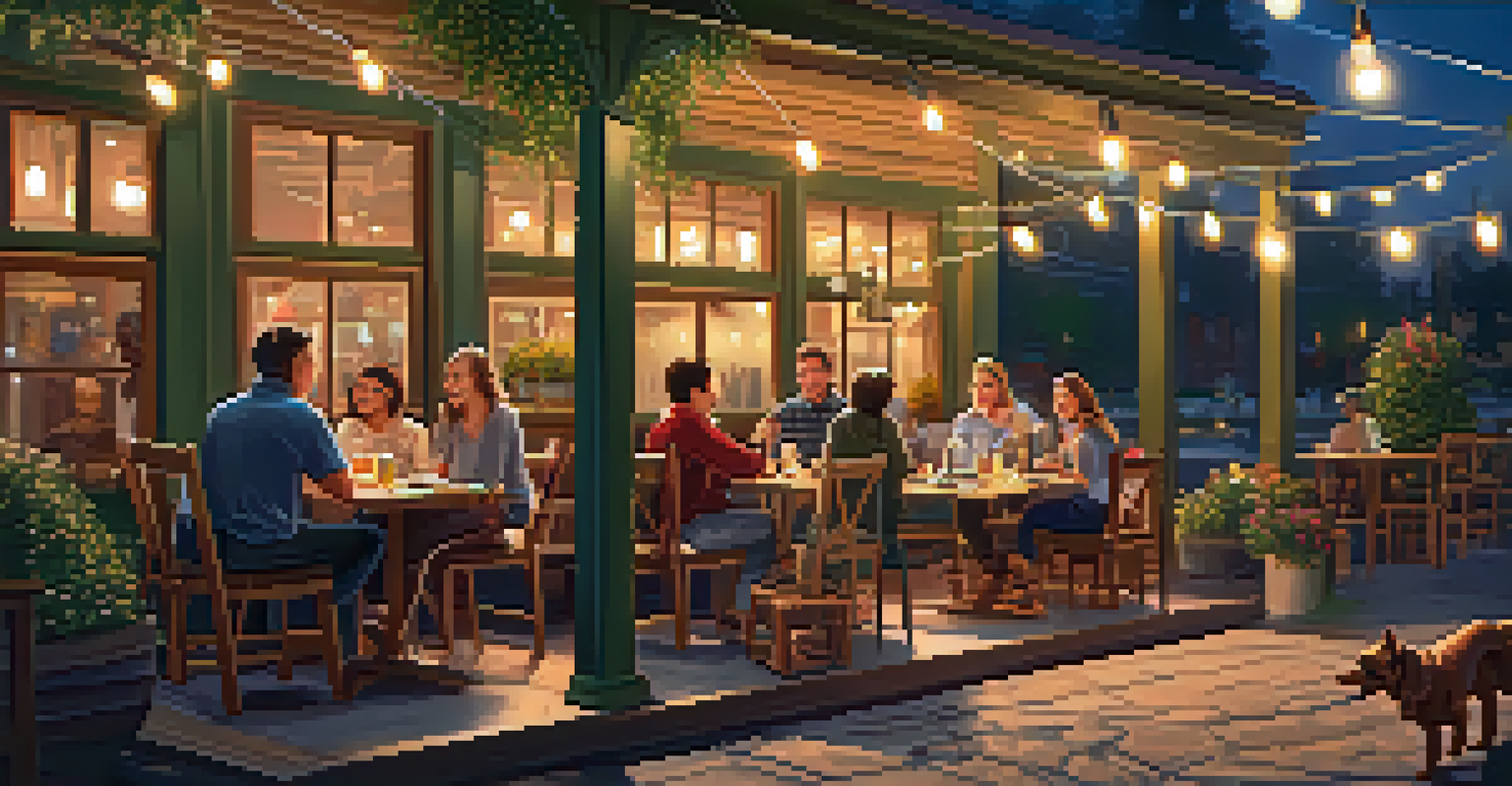 A family dining on a restaurant patio with their dog, featuring warm string lights and potted plants.