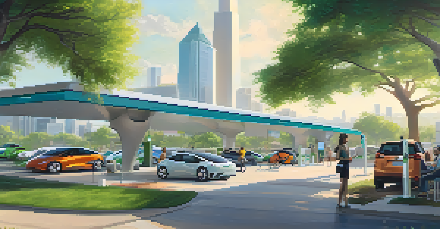 A futuristic depiction of Dallas with electric vehicles and green spaces.