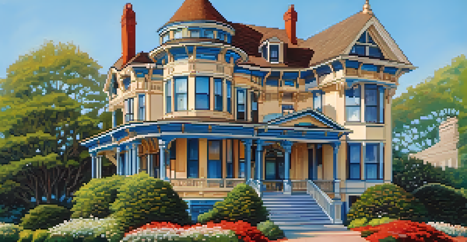 A beautifully preserved Victorian home in Munger Place, showcasing elaborate porches and bay windows, set against a clear blue sky with colorful flowers in the foreground.