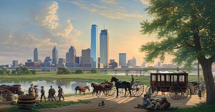 A historical depiction of 19th-century Dallas as a busy trade center with settlers and horse-drawn wagons near the Trinity River under a sunny sky.