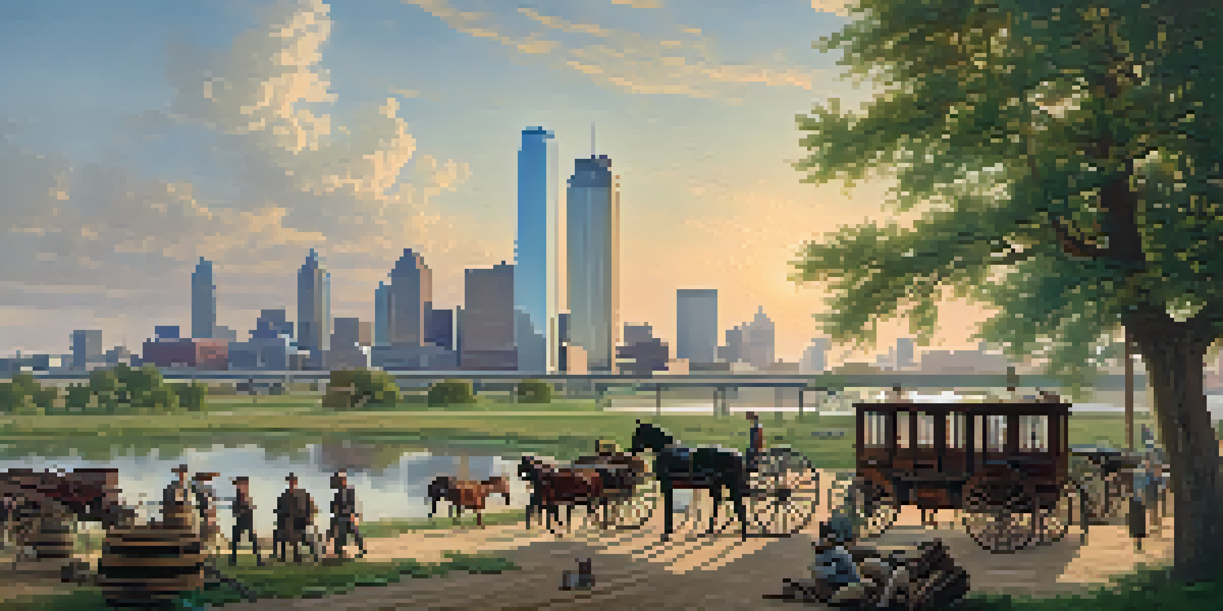 A historical depiction of 19th-century Dallas as a busy trade center with settlers and horse-drawn wagons near the Trinity River under a sunny sky.