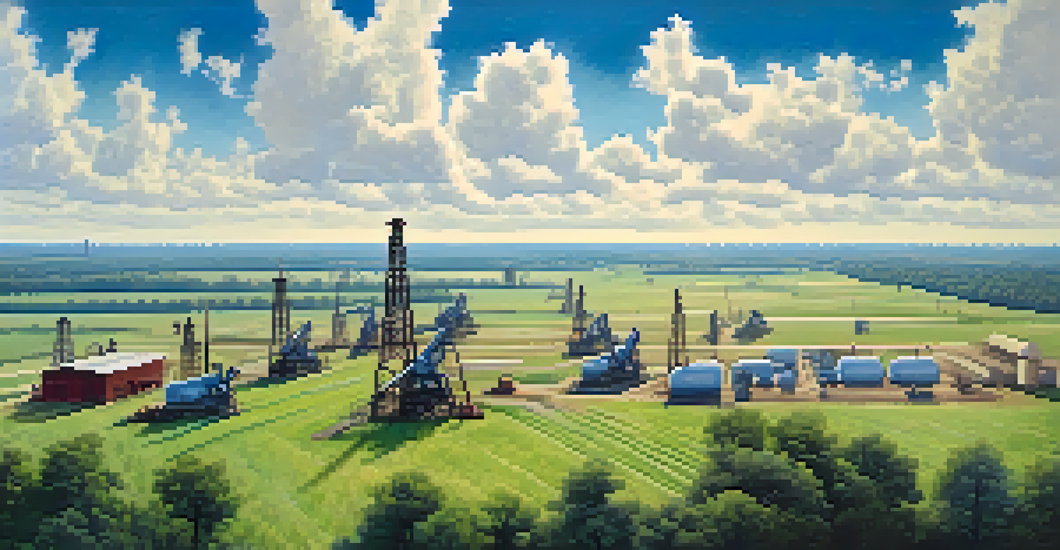 Aerial view of the East Texas Oil Field in the 1930s with oil derricks and workers, under a bright blue sky.