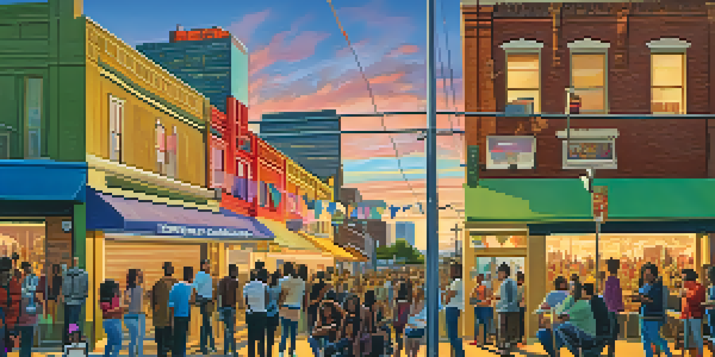 A diverse group of people enjoying music on their smartphones in a colorful Dallas street scene during sunset.