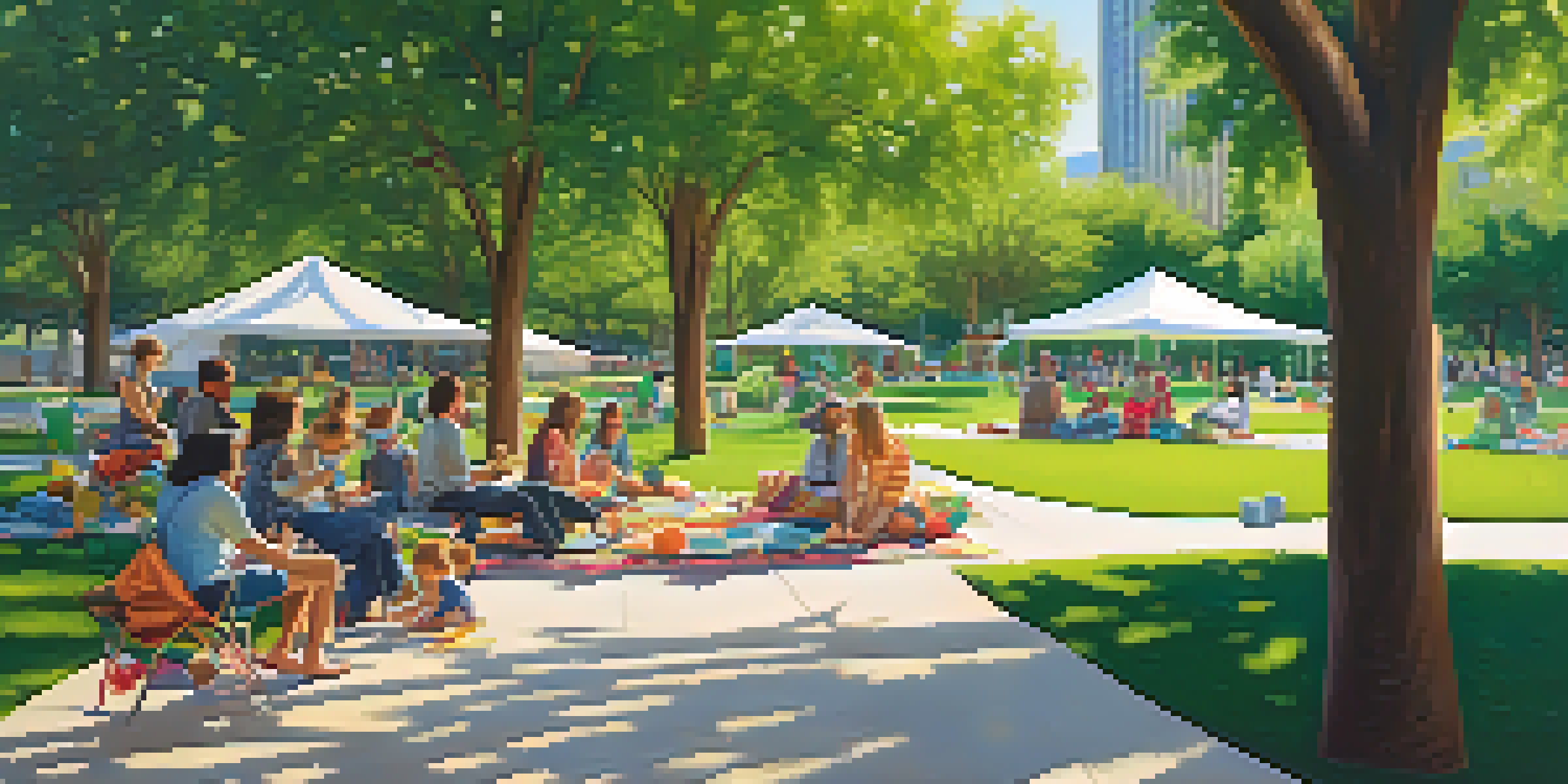 A lively park scene with families having picnics on green lawns, modern buildings in the background, and colorful art installations, all under a sunny sky.