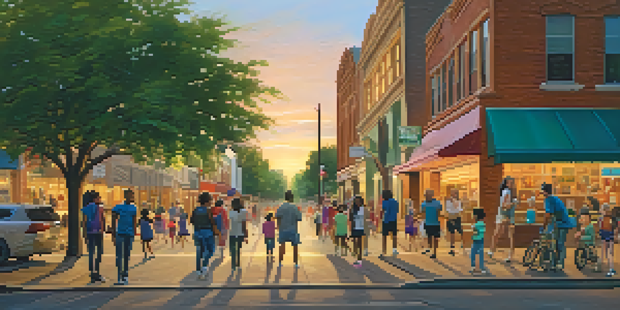 An urban street in Dallas during sunset with diverse people engaged in community activities, vibrant storefronts, and blooming trees.
