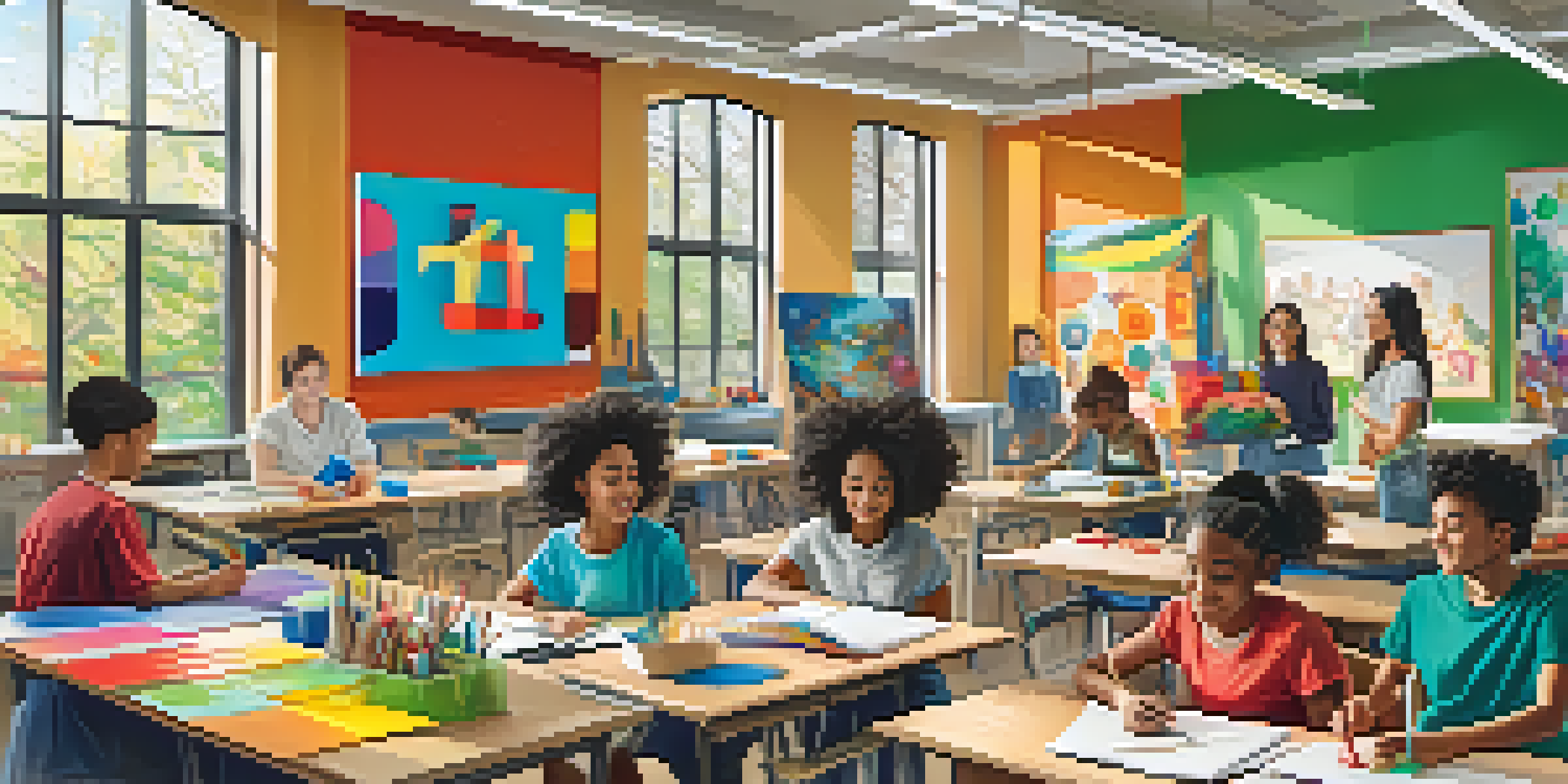 A diverse group of students working together on a colorful mural in a bright classroom filled with art supplies.