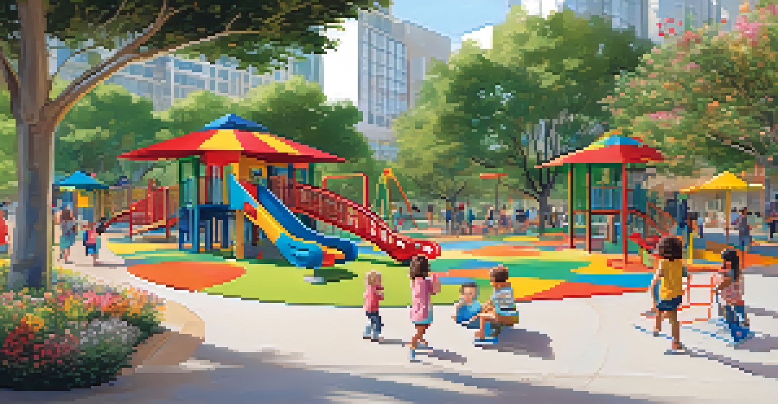 A bright children's playground filled with colorful climbing structures and happy children playing, with parents watching nearby in a lush green environment.