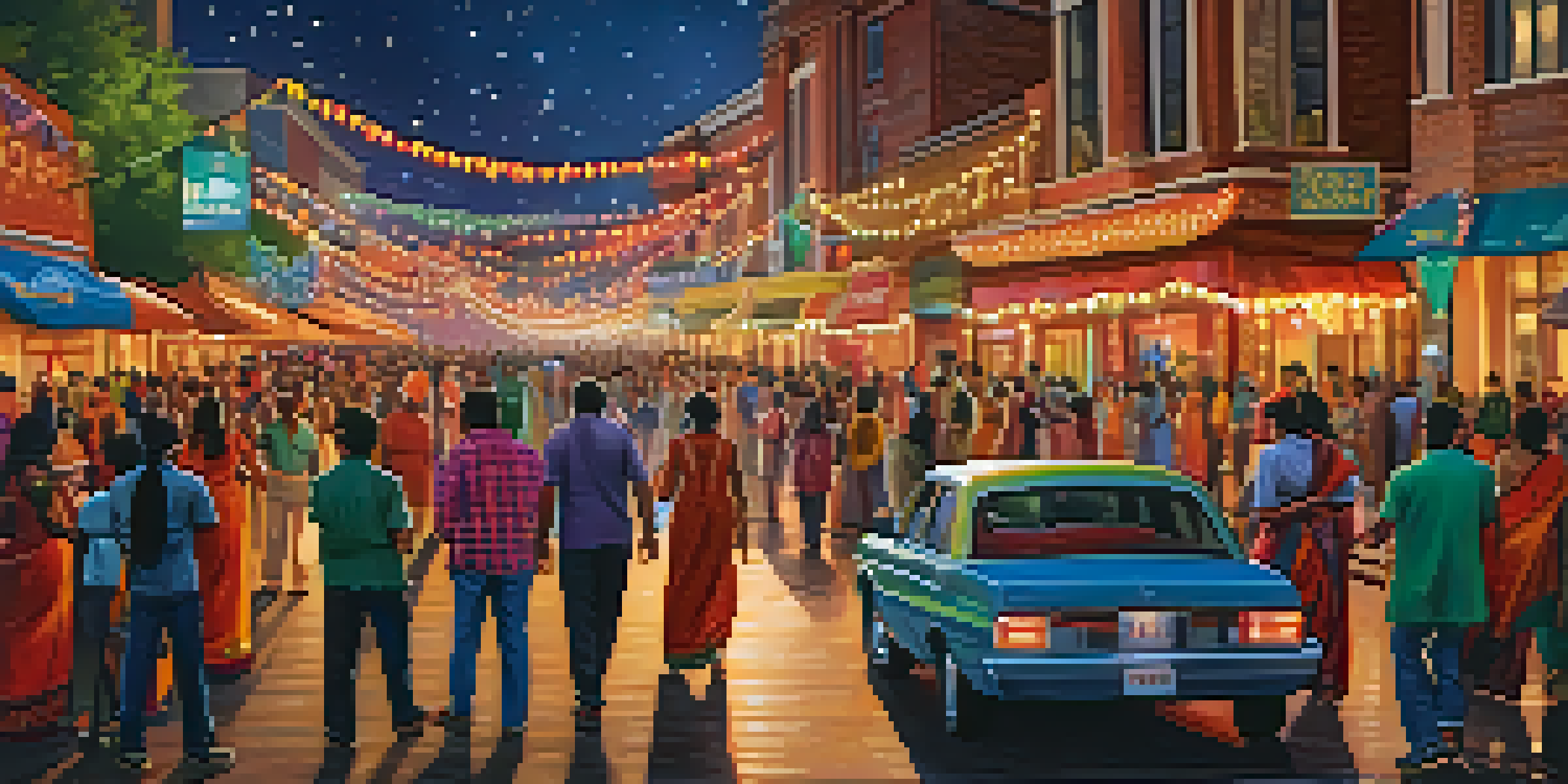 A lively street filled with people celebrating Diwali in Dallas, with bright decorations and fireworks in the sky.
