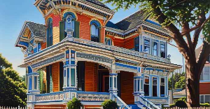 A Victorian-style house with ornate details and vibrant colors in the Bishop Arts District of Dallas, featuring a large porch and surrounded by greenery.