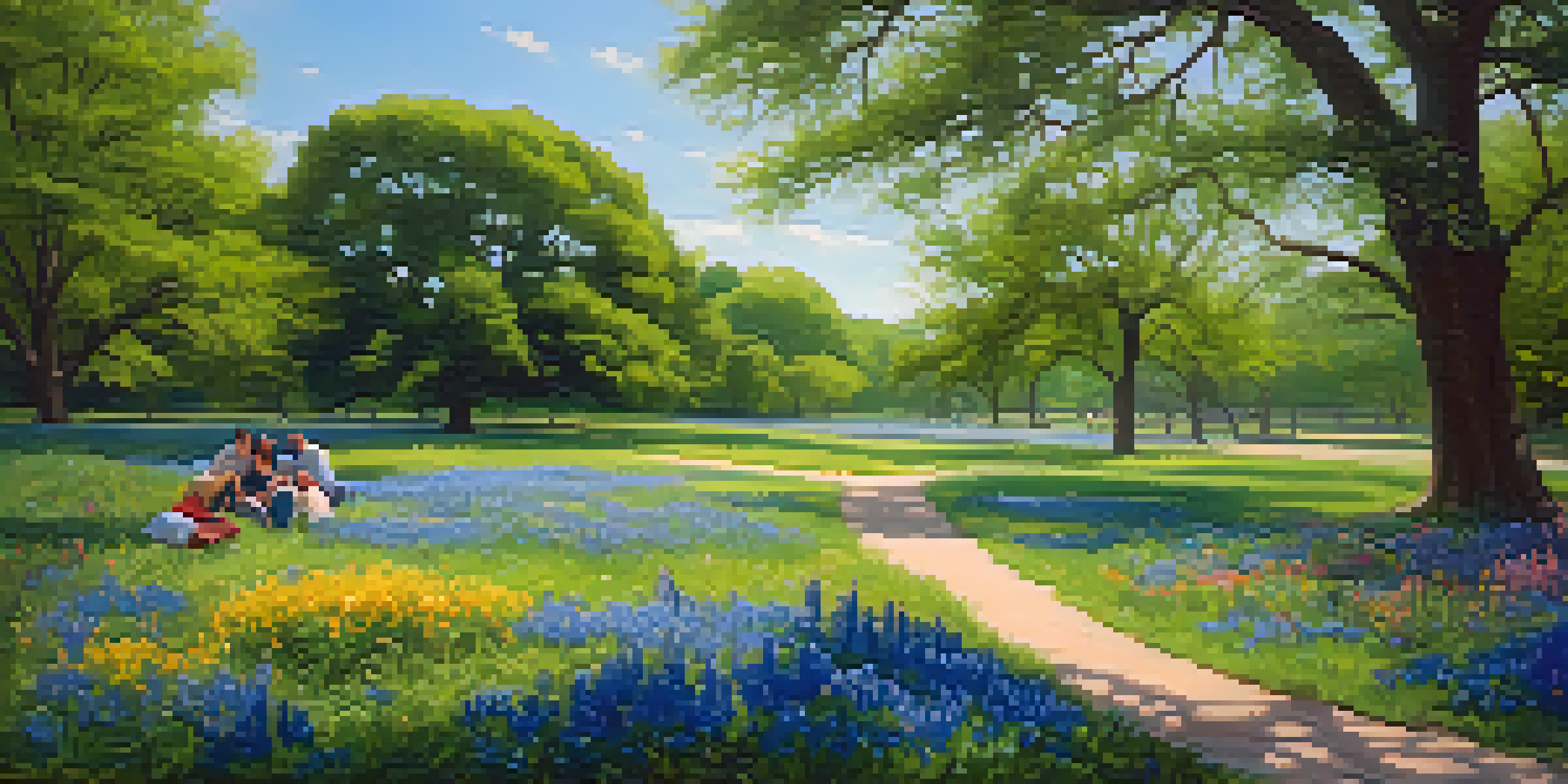 A beautiful park in Dallas filled with colorful wildflowers and families having a picnic under the clear blue sky.