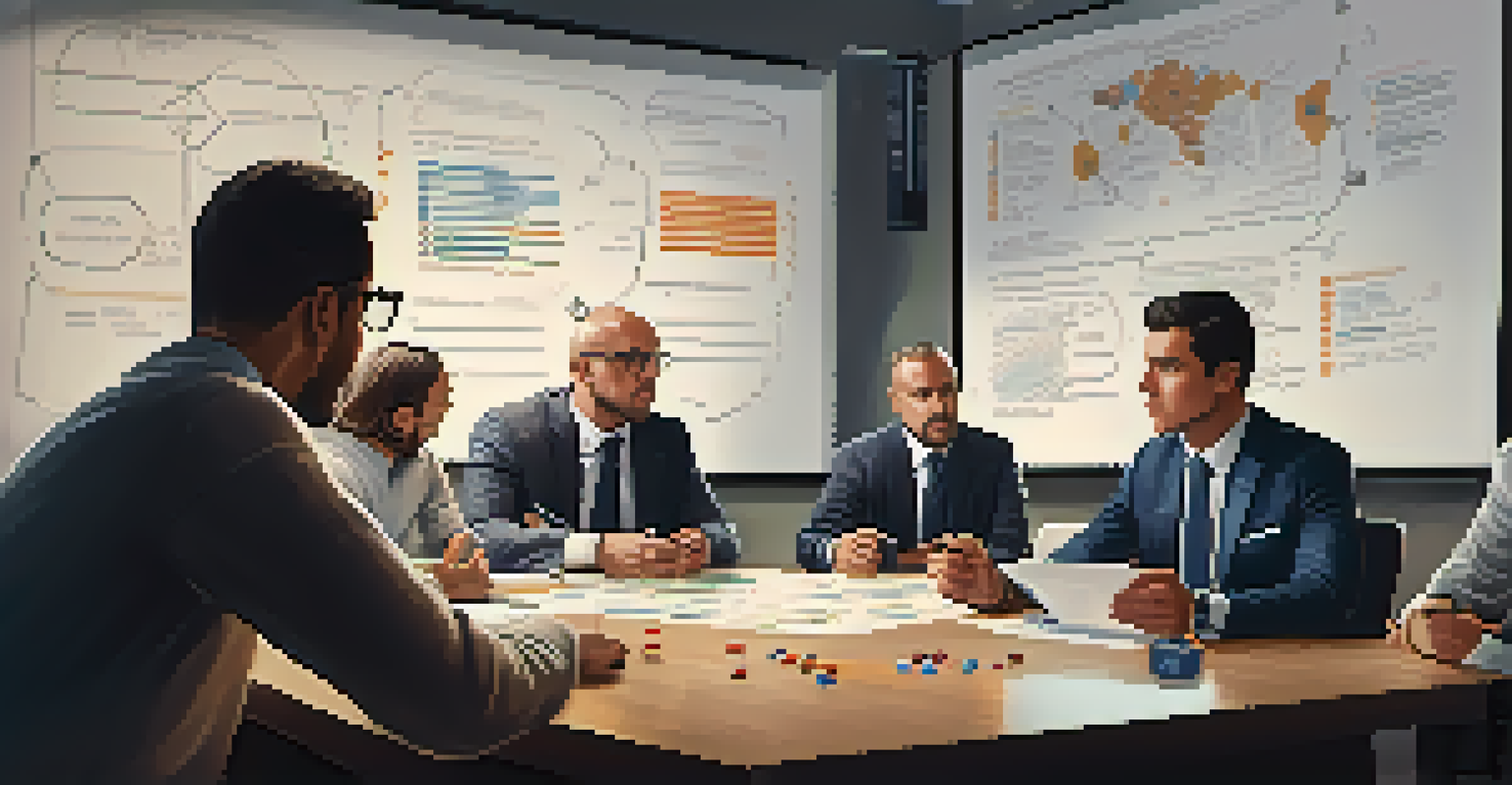 An illustration of a football coach in a meeting room with players, analyzing game footage and discussing strategies with notes and diagrams on the table.