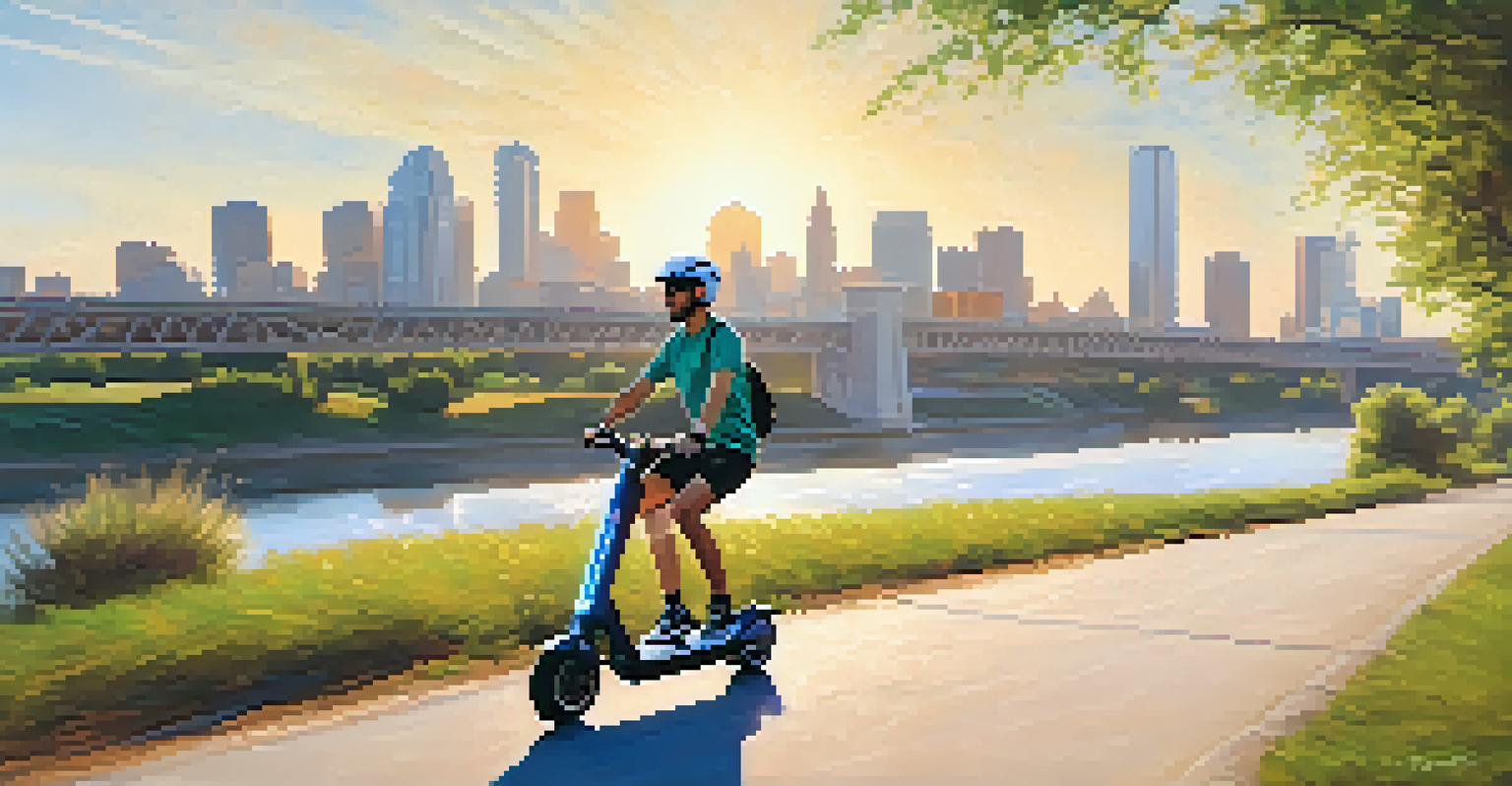 A person riding an electric scooter along the Trinity River Trail with a view of the river and city skyline.