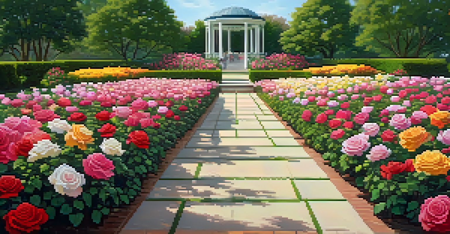 A colorful display of roses in the Rose Garden at Dallas Park, with benches and pathways for visitors to enjoy the fragrant blooms.