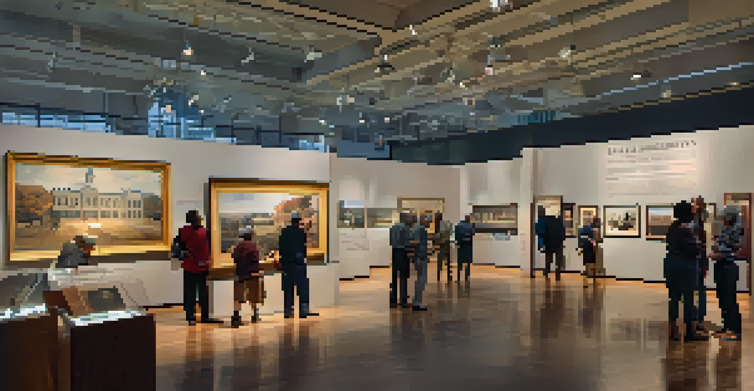 An interior view of the Dallas Historical Society exhibition space with historical artifacts, well-lit displays, and visitors interacting.