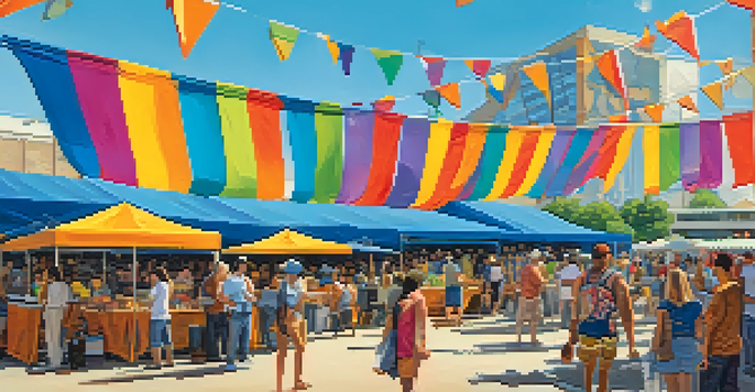 A lively outdoor festival with artists displaying their colorful artworks and people enjoying the atmosphere.