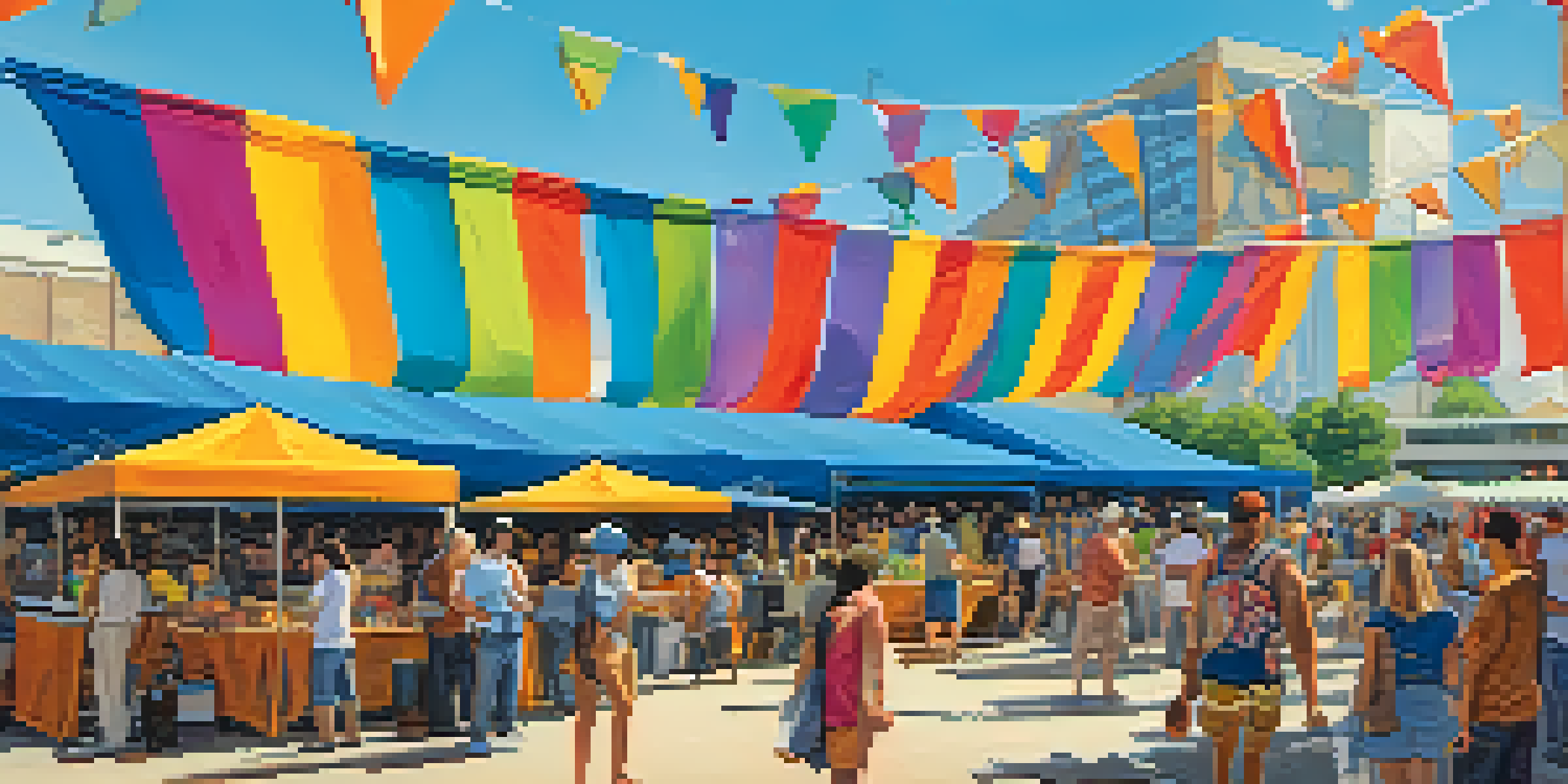 A lively outdoor festival with artists displaying their colorful artworks and people enjoying the atmosphere.