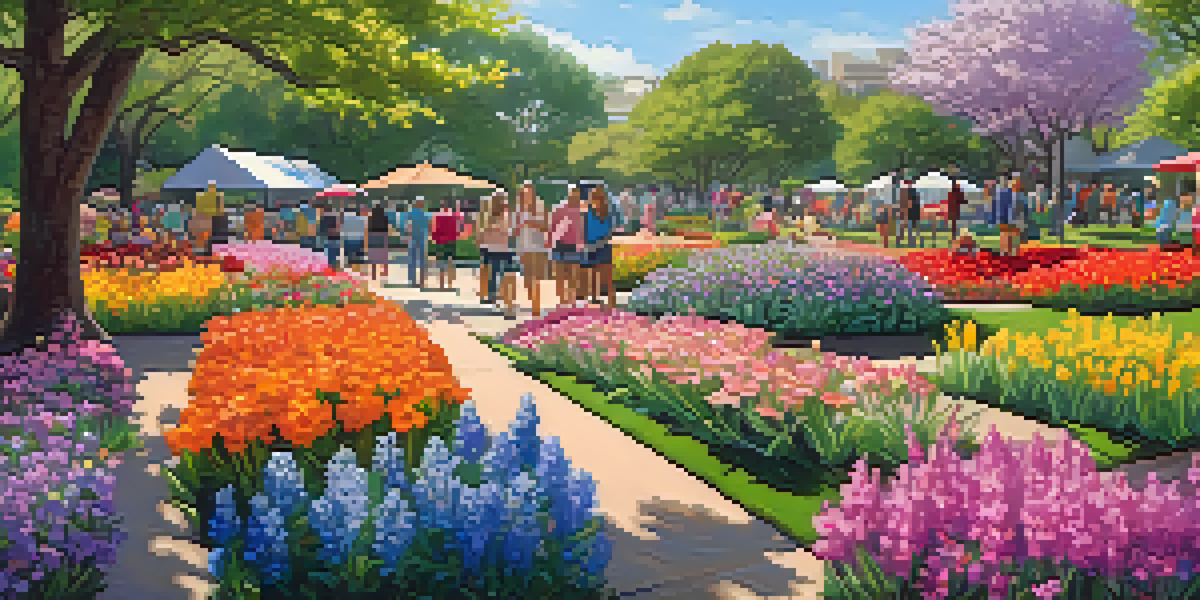 Families enjoying a colorful spring day at the Dallas Arboretum, surrounded by blooming flowers and engaging in fun activities.