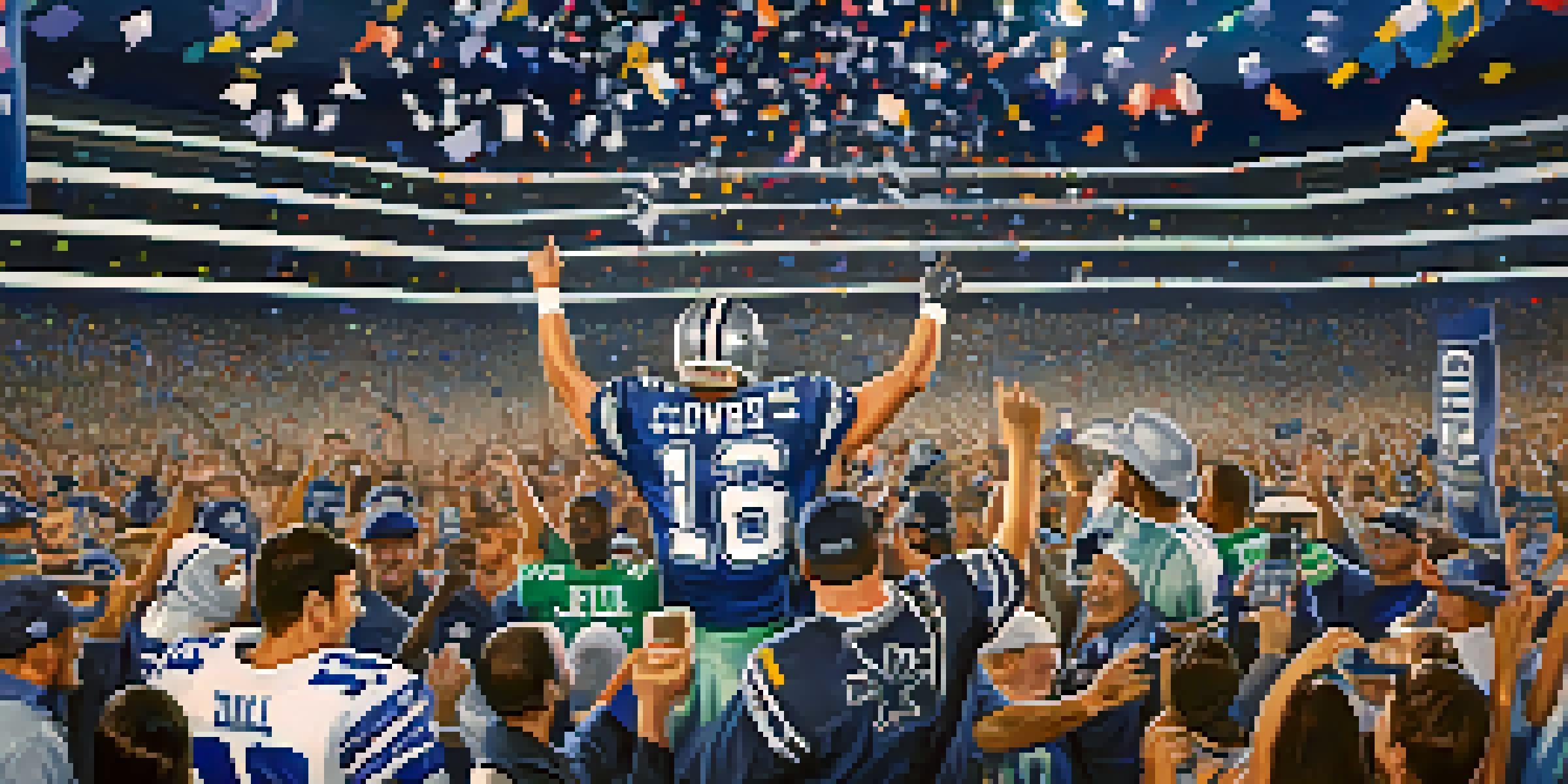 Fans celebrating a Dallas Cowboys Super Bowl victory in a crowded stadium, with confetti and bright lights.
