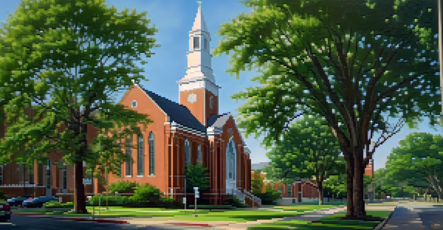 A beautiful view of the historic First Baptist Church in Dallas, surrounded by greenery and bathed in morning sunlight.
