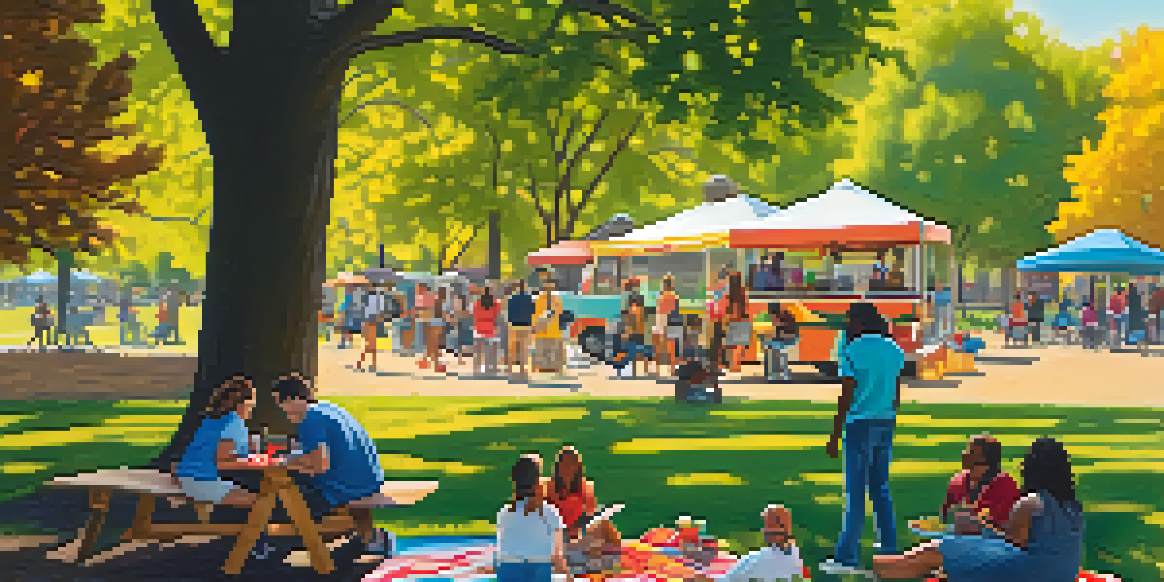 A lively community event in a Dallas park with diverse individuals enjoying activities like frisbee and picnicking under sunlight.