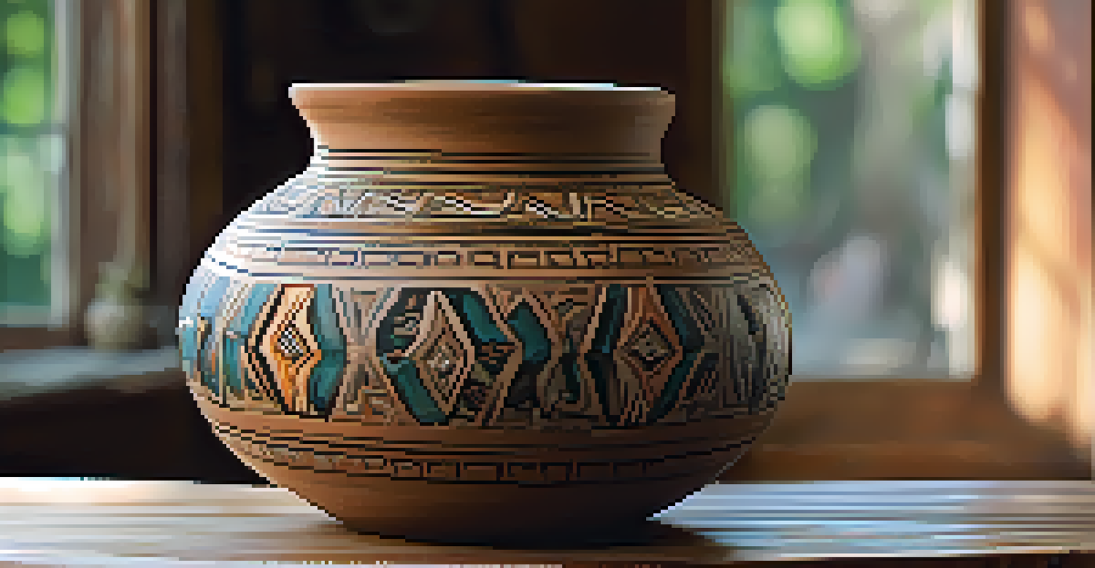 A close-up of a handcrafted pottery piece with intricate designs on a wooden table, illuminated by natural light.