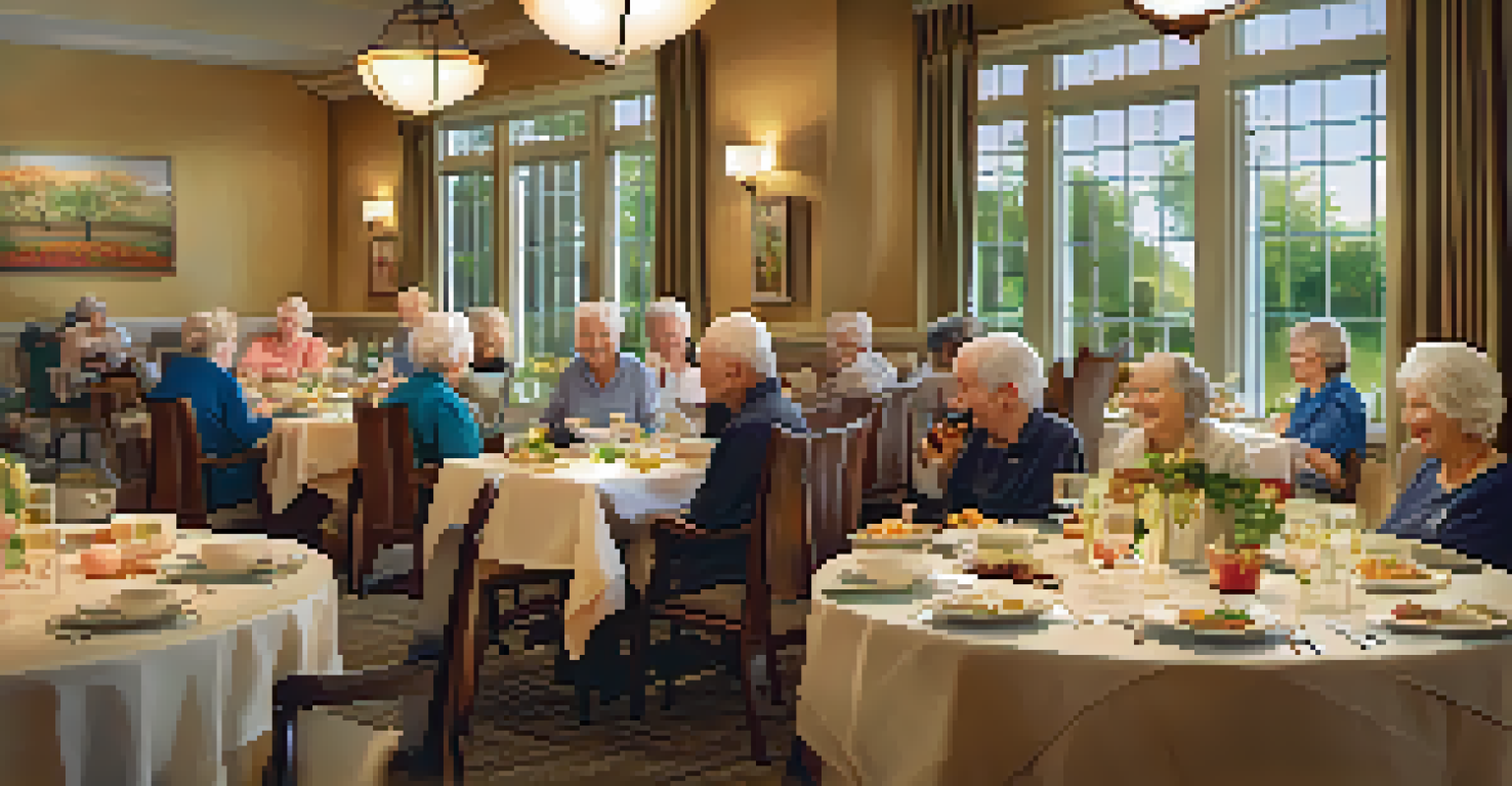 A cozy dining area in a retirement community with seniors enjoying meals together at elegantly set tables in a warm and inviting atmosphere.