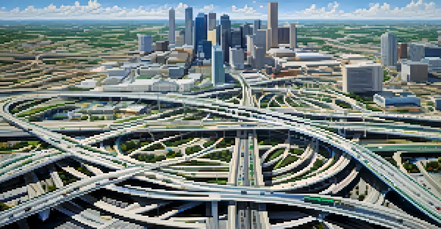 An aerial view of a busy transportation hub in Dallas with highways, the airport, and the city skyline under clear skies.