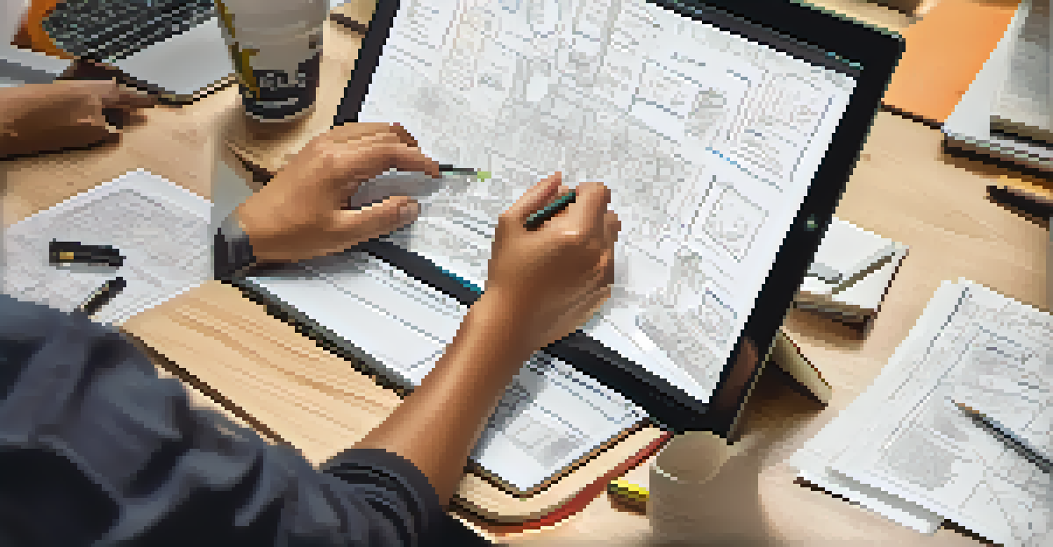 A student's hands on a laptop surrounded by sketches and business plans in a modern classroom setting, with a whiteboard in the background.