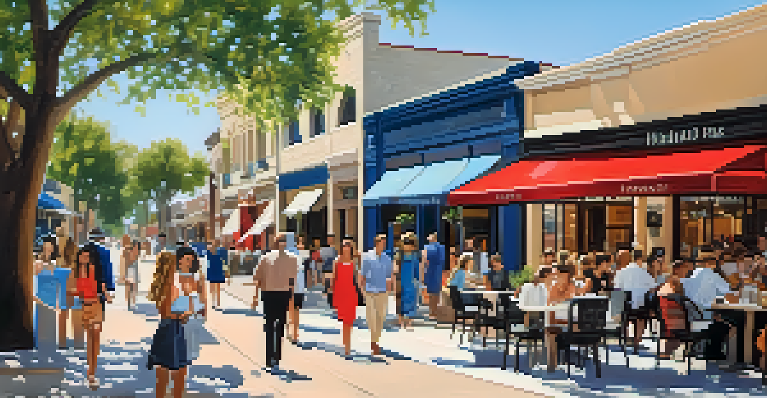 A lively street scene in Highland Park Village with people dining and shopping at upscale establishments.