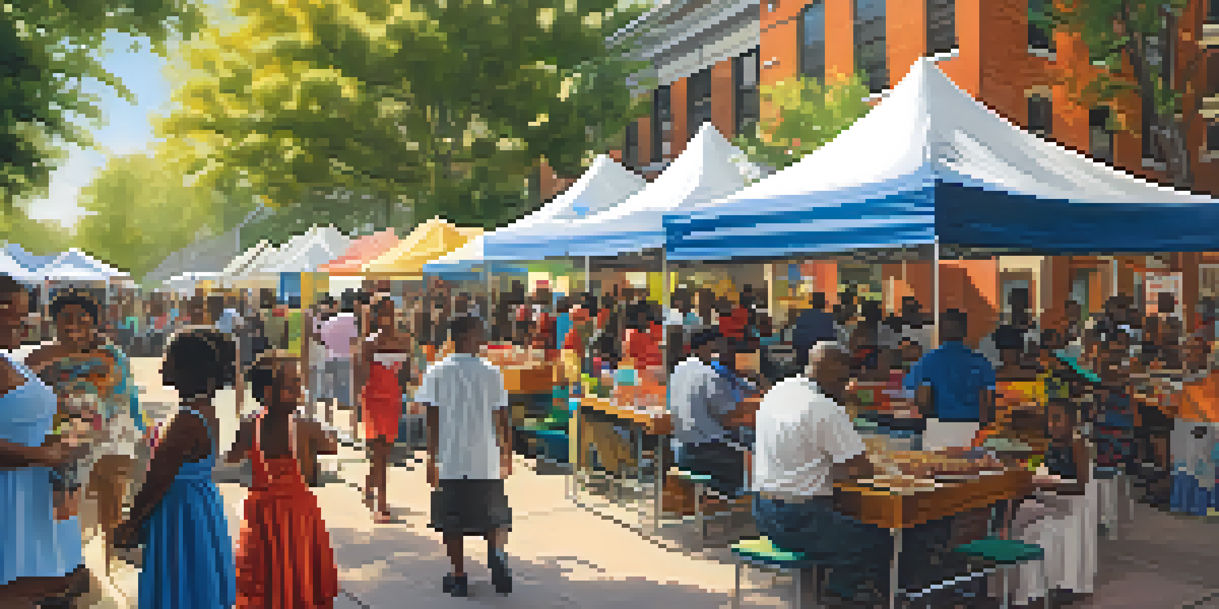 A lively community event at an African American museum with families enjoying cultural activities, local artists showcasing their work, and colorful food stalls under a sunny sky.