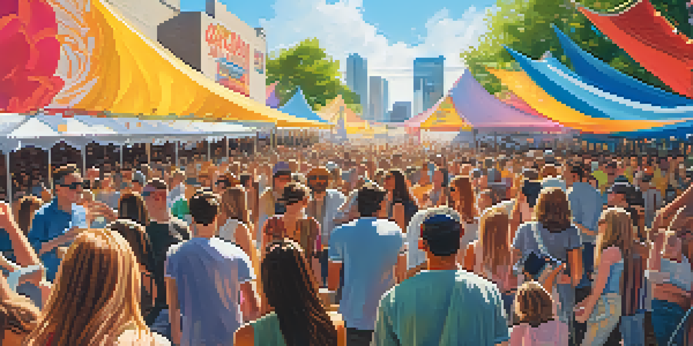 A lively outdoor music festival in Dallas during springtime, showcasing diverse attendees enjoying live music, food stalls, and colorful decorations under bright sunlight.