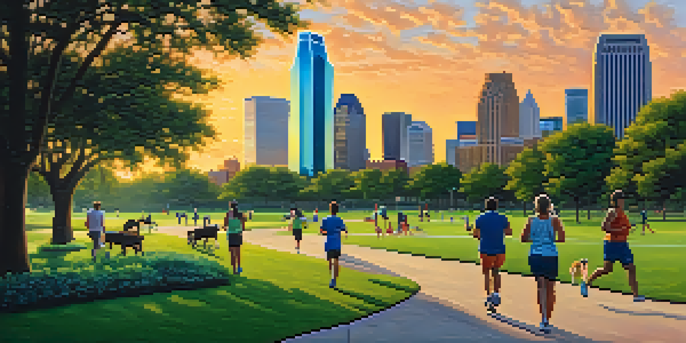 A city skyline of Dallas at sunset with people enjoying outdoor activities.