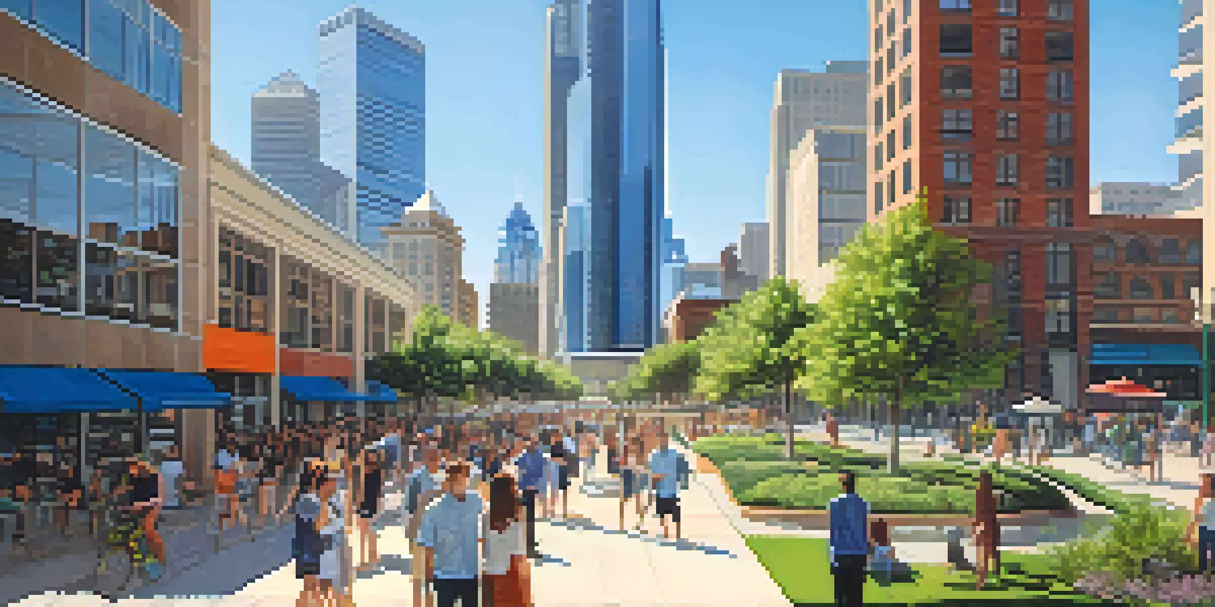 A lively city scene in Dallas with modern buildings, tech startups, and people working together outside under a clear blue sky.