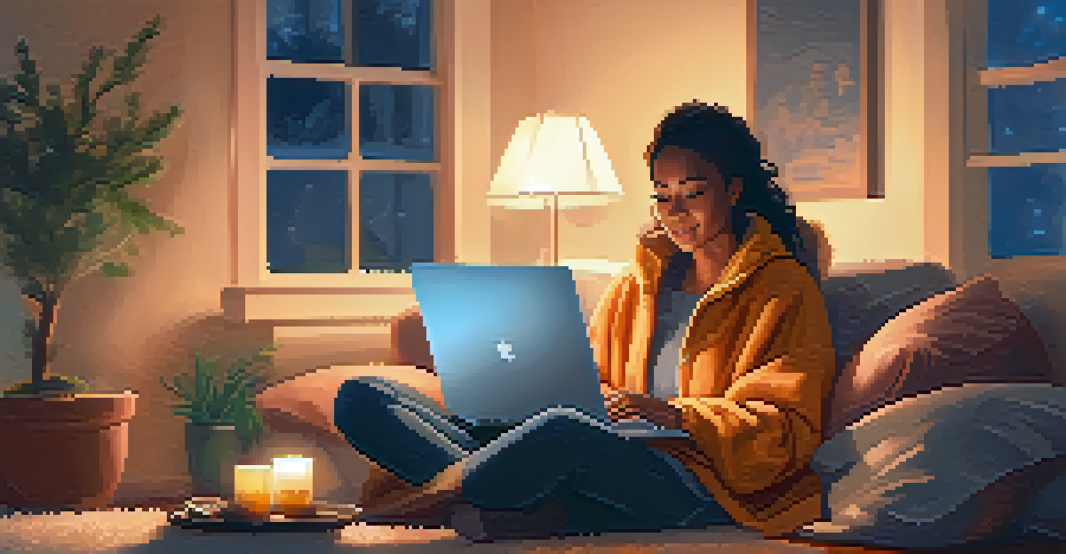 Individual sitting on a sofa using a laptop for online therapy in a cozy home environment.