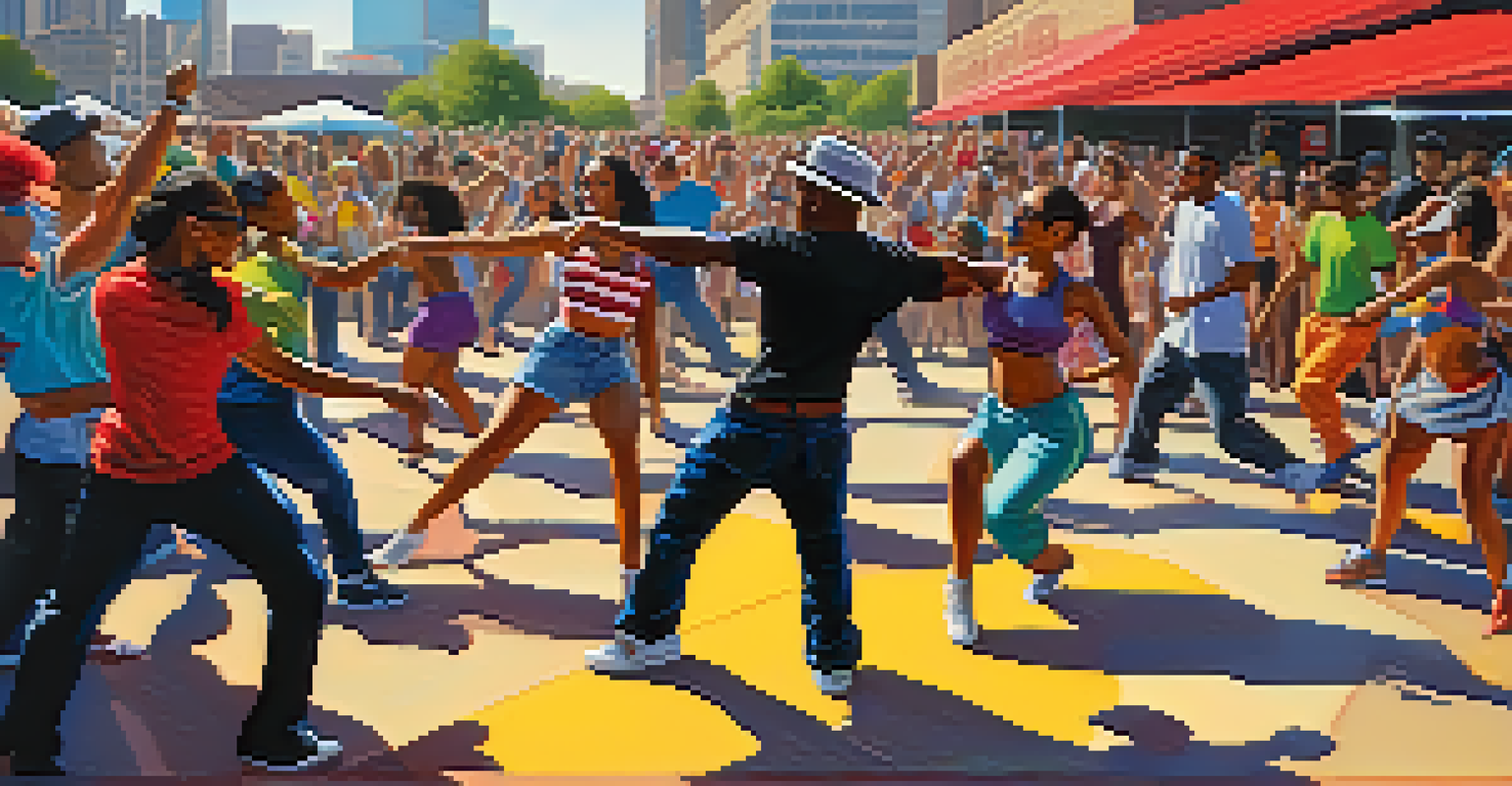 An outdoor dance festival in Dallas with performers displaying hip-hop and salsa styles, surrounded by an enthusiastic audience.