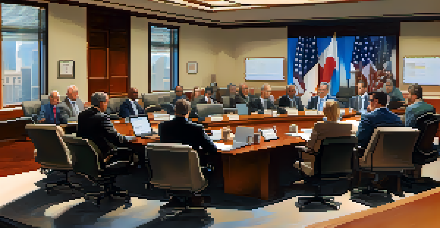 A close-up of a city council meeting with diverse members discussing local issues around a large table.