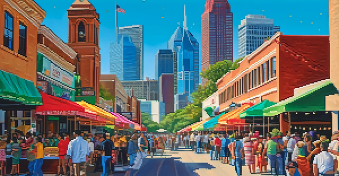 A lively street scene in Dallas during Cinco de Mayo, featuring colorful decorations, people in traditional attire, and food stalls with tacos and tamales, with the Dallas skyline in the background.