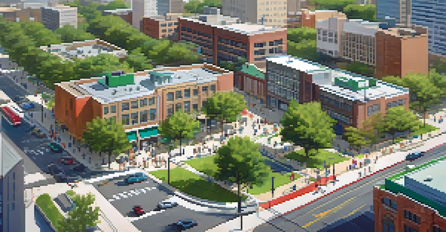 An aerial view of a Dallas neighborhood with integrated public transportation, bike lanes, and green spaces on a sunny day.