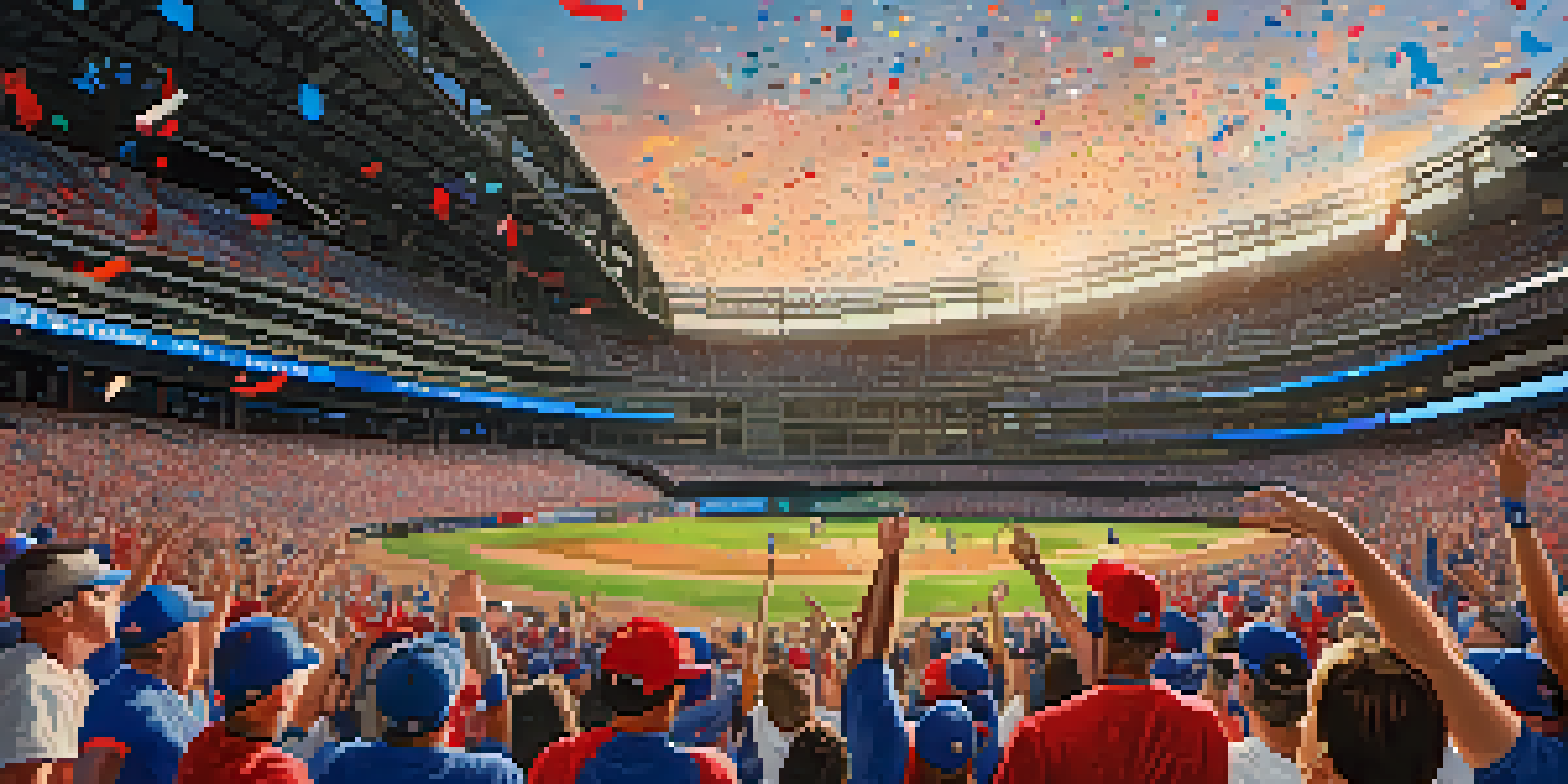 A lively crowd of Texas Rangers fans wearing team jerseys and caps, cheering in a baseball stadium during sunset.