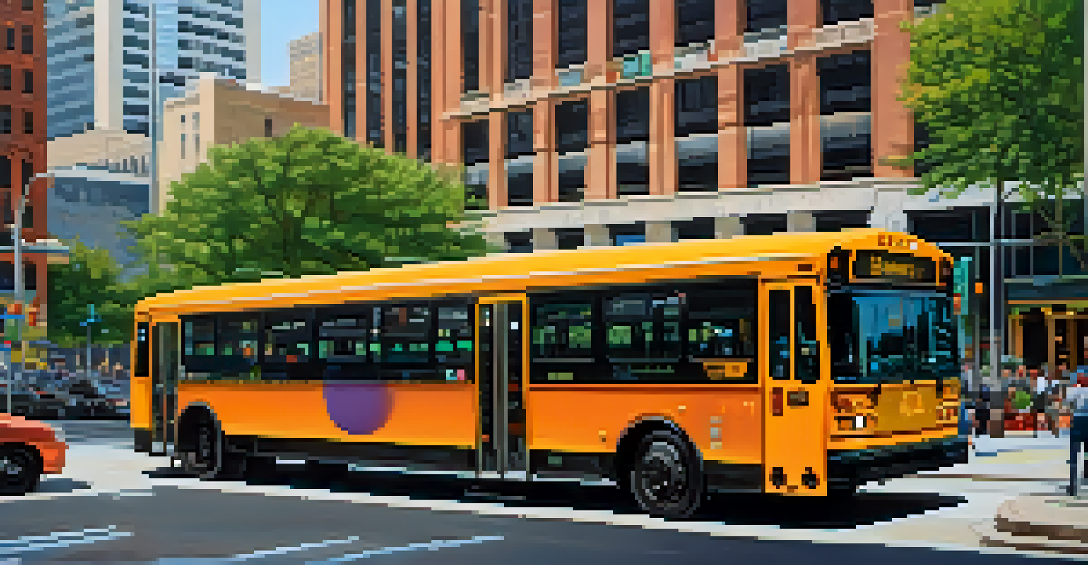 A vibrant bus driving through a busy urban landscape in Dallas, with tall buildings and green spaces visible under bright natural light.