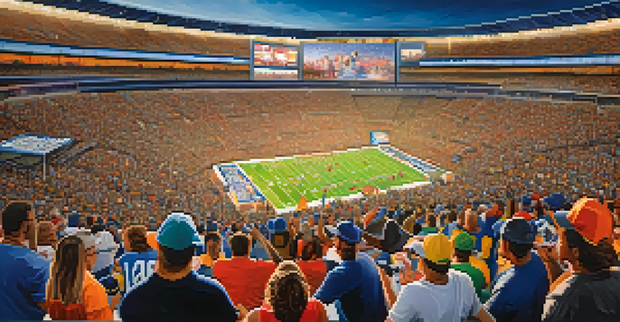 A crowded stadium filled with excited fans wearing team jerseys, surrounded by food vendors and illuminated by stadium lights on game day.