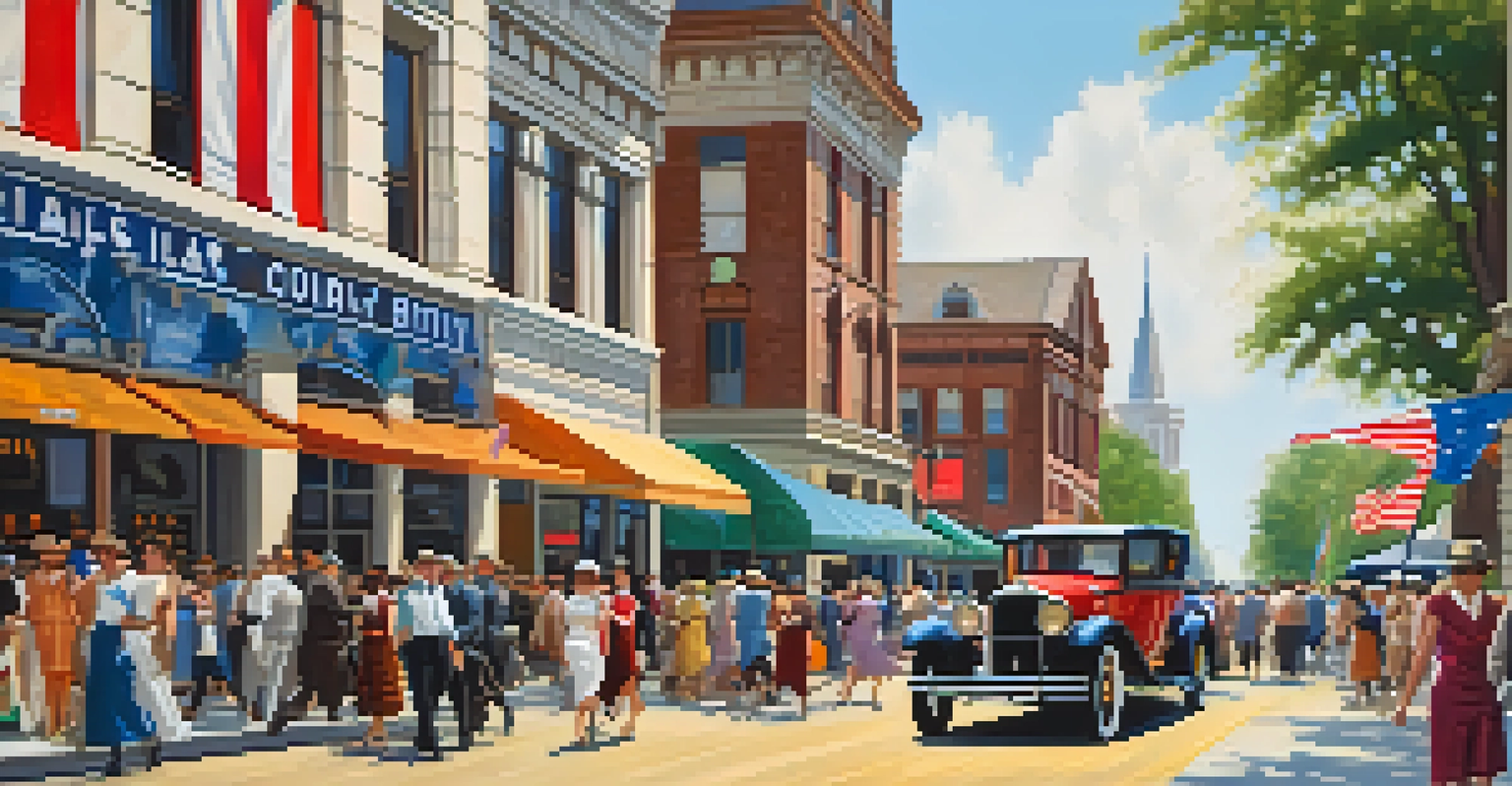 A lively 1920s Dallas street scene with vintage cars, citizens in period clothing, the Dallas County Courthouse, and colorful decorations, depicting community pride.