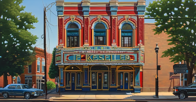 A view of the Kessler Theater, highlighting its intricate Victorian architecture with vibrant colors and ornate details, surrounded by charming shops and trees at sunset.