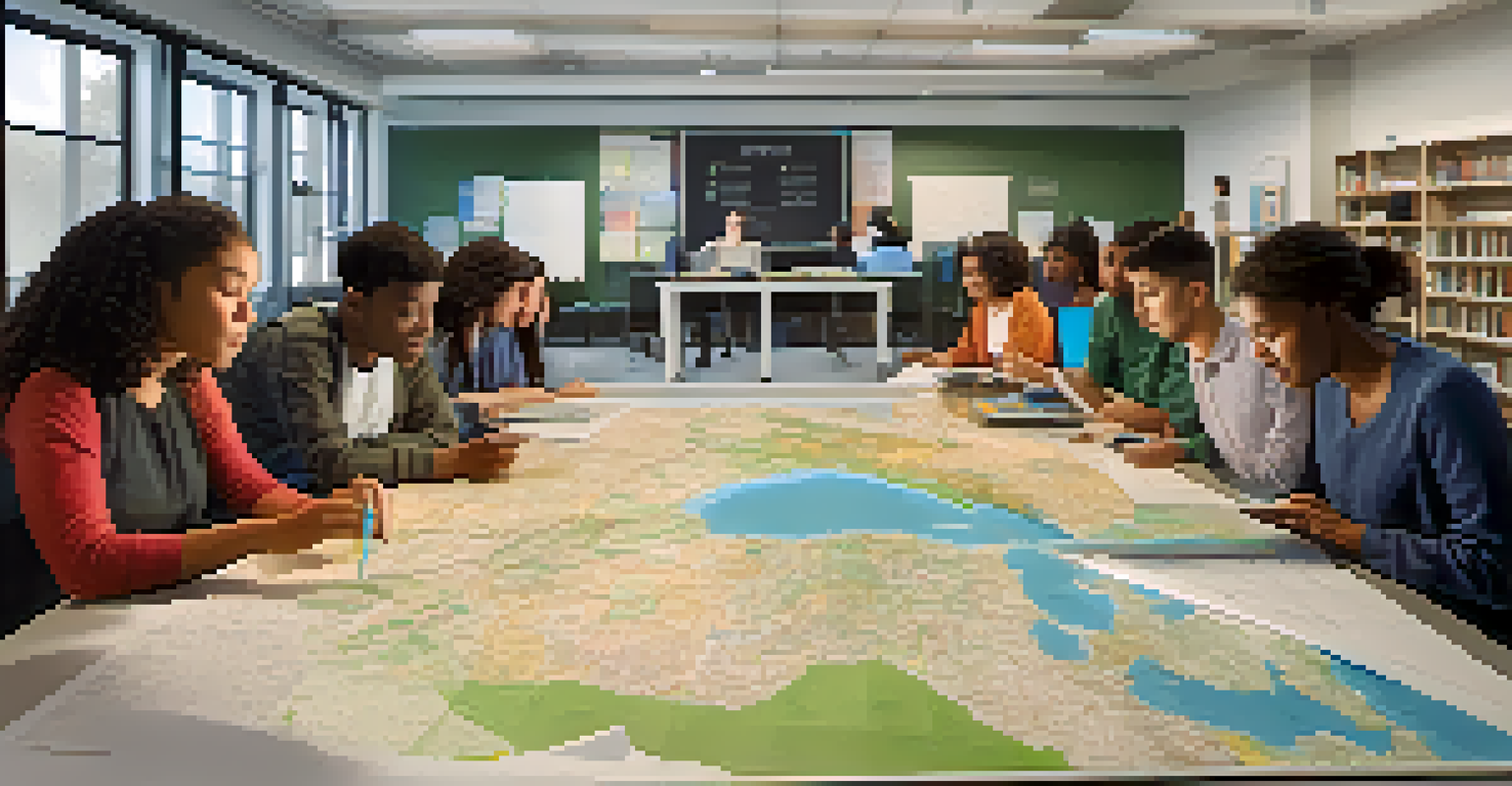Diverse students in a university classroom in Dallas working together on a global project with maps and technology.