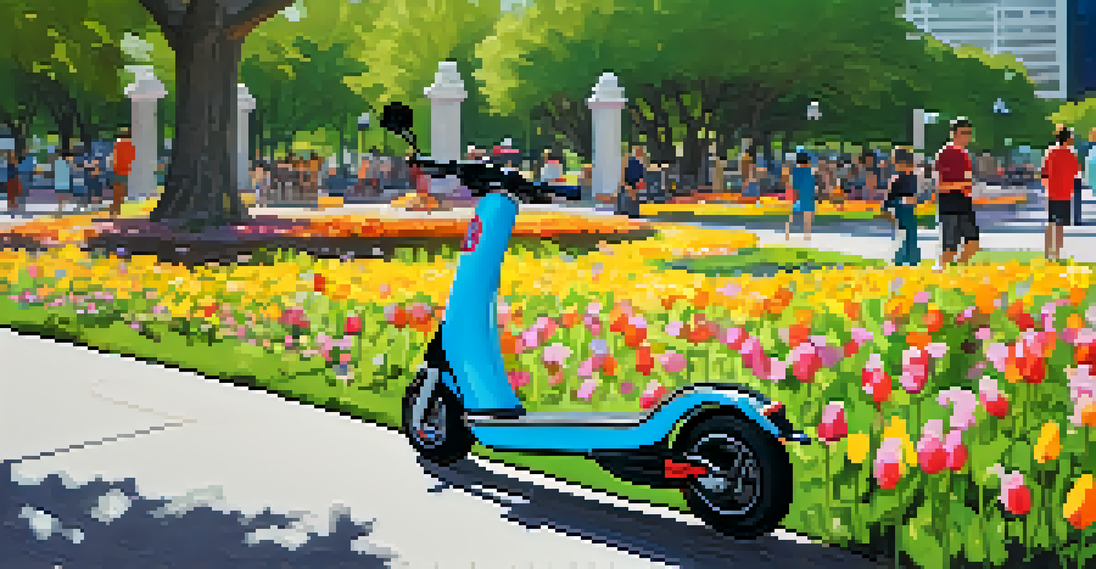 An electric scooter parked at Klyde Warren Park with people enjoying the outdoors in the background.