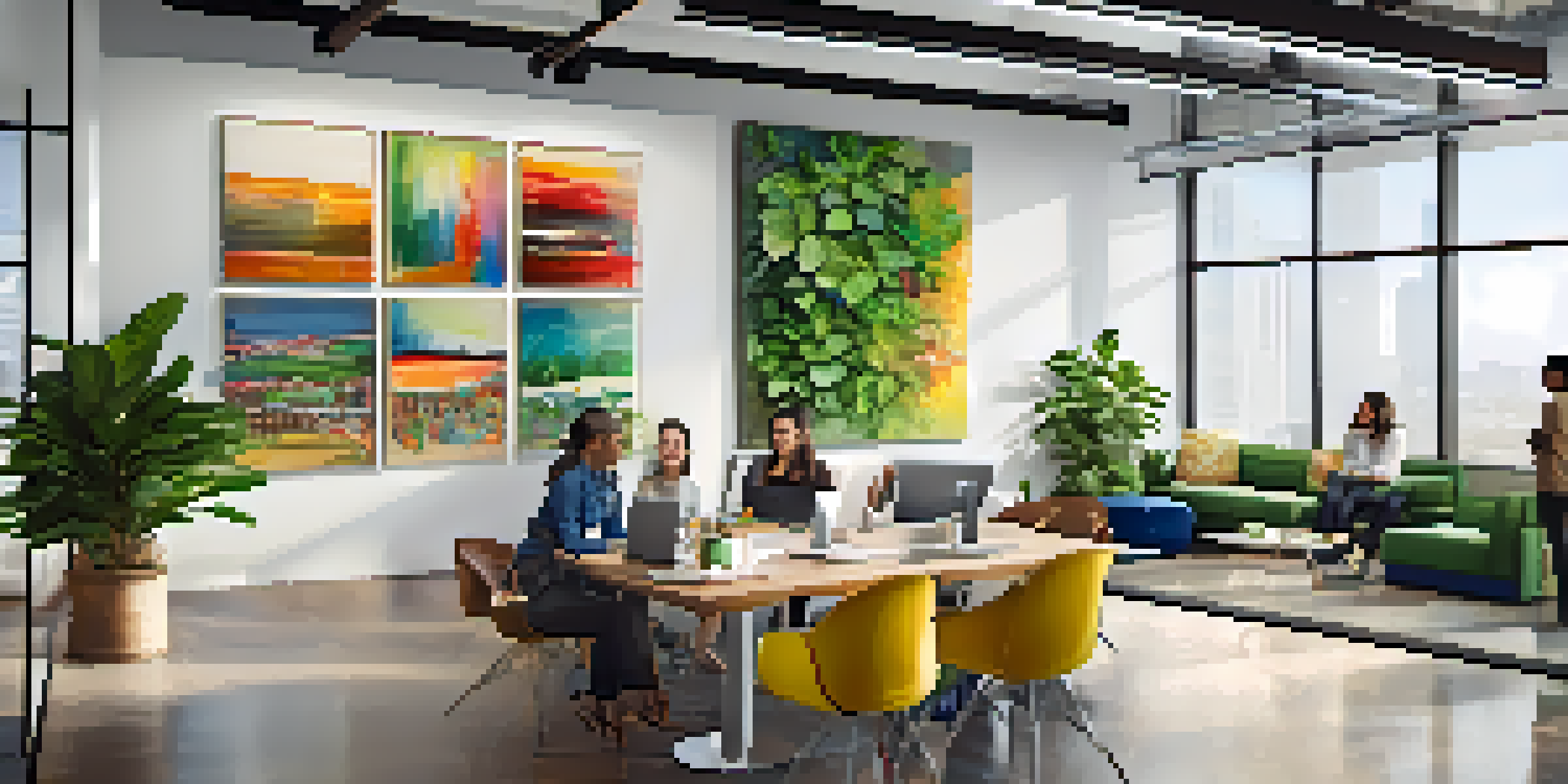 A bright and inviting modern office in Dallas with an open layout, large windows, and colorful artwork, where employees collaborate around a central table.
