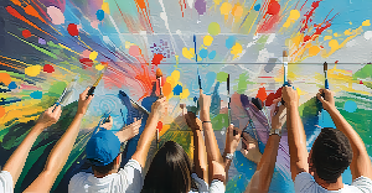 Volunteers painting a colorful mural together, with hands and brushes in focus and a crowd watching in the background.
