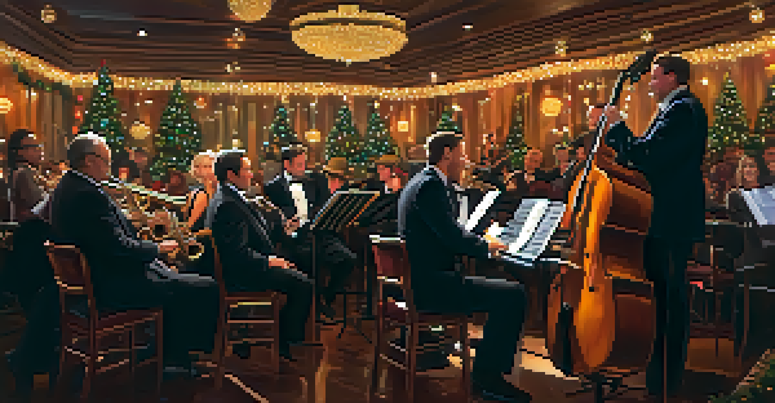 An intimate indoor jazz Christmas festival in Dallas, featuring musicians performing on stage amidst festive decorations, with an engaged audience enjoying the warm ambiance.