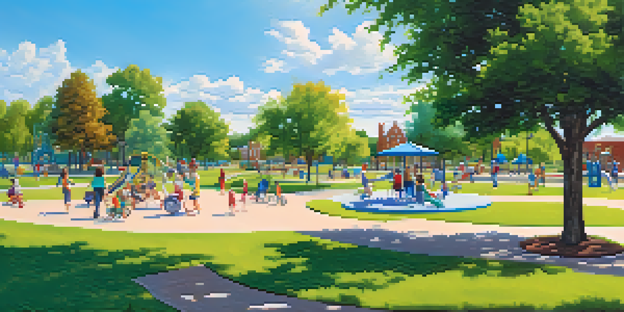 A community park filled with families enjoying outdoor activities on a sunny day, with children playing and parents picnicking.