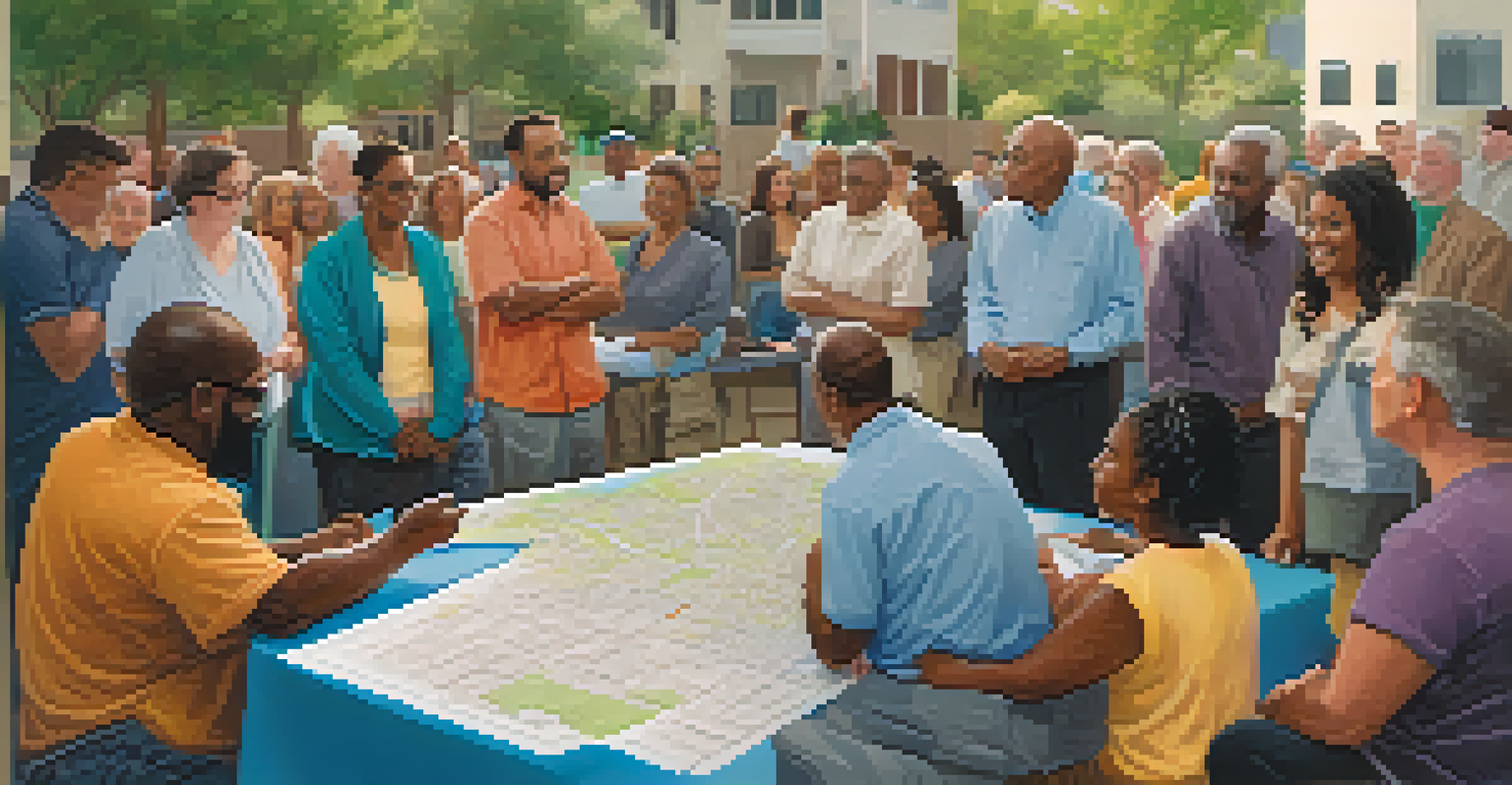 A diverse group of Dallas residents gathered at a community meeting discussing a public-private partnership project with maps and visuals.